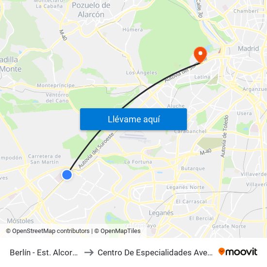 Berlín - Est. Alcorcón Central to Centro De Especialidades Avenida De Portugal. map