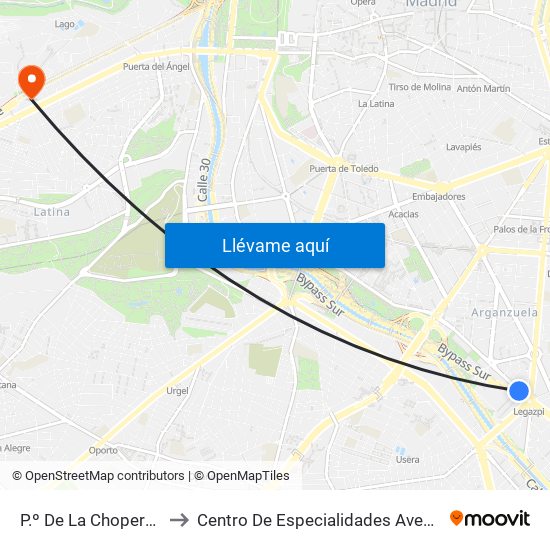 P.º De La Chopera - Legazpi to Centro De Especialidades Avenida De Portugal. map