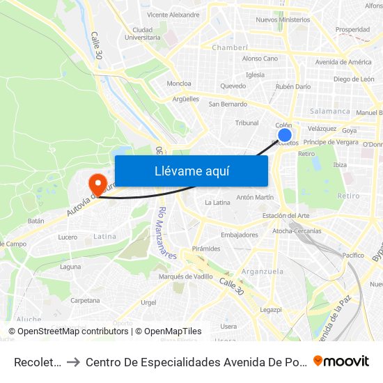 Recoletos to Centro De Especialidades Avenida De Portugal. map
