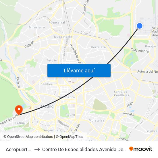 Aeropuerto T4 to Centro De Especialidades Avenida De Portugal. map