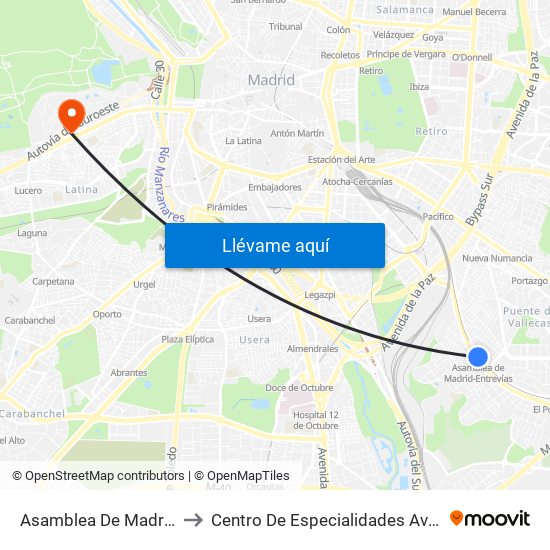 Asamblea De Madrid - Entrevías to Centro De Especialidades Avenida De Portugal. map