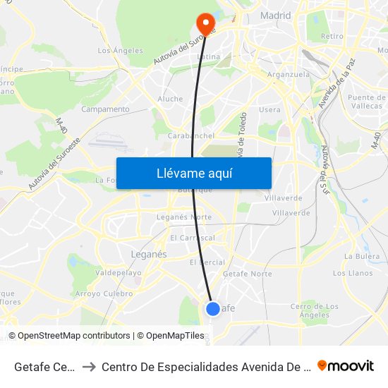 Getafe Centro to Centro De Especialidades Avenida De Portugal. map