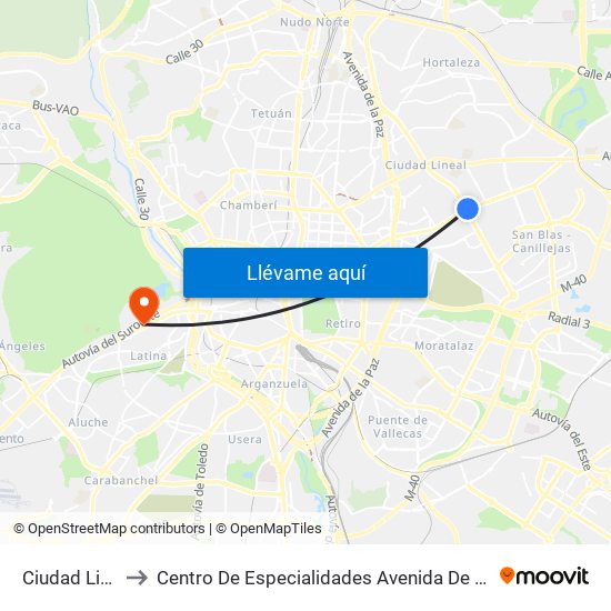 Ciudad Lineal to Centro De Especialidades Avenida De Portugal. map