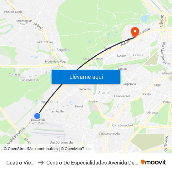 Cuatro Vientos to Centro De Especialidades Avenida De Portugal. map