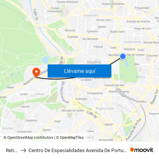 Retiro to Centro De Especialidades Avenida De Portugal. map