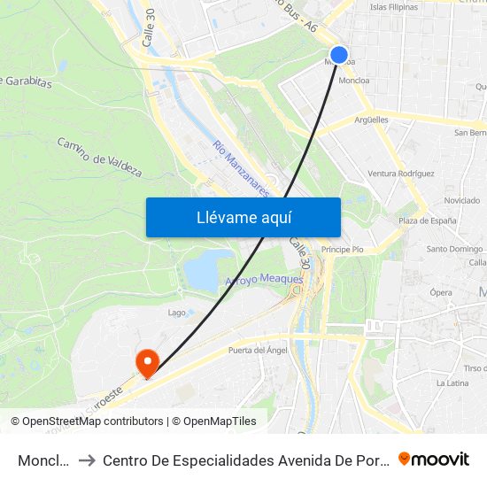 Moncloa to Centro De Especialidades Avenida De Portugal. map