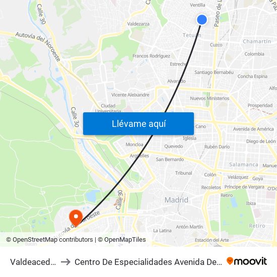 Valdeacederas to Centro De Especialidades Avenida De Portugal. map