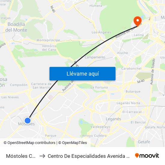 Móstoles Central to Centro De Especialidades Avenida De Portugal. map