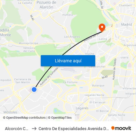 Alcorcón Central to Centro De Especialidades Avenida De Portugal. map