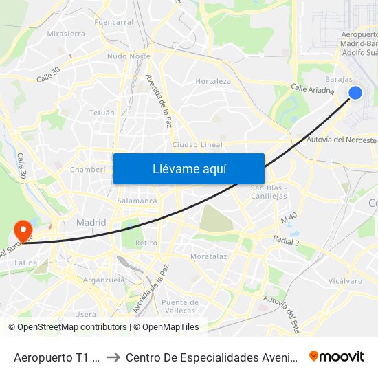 Aeropuerto T1 - T2 - T3 to Centro De Especialidades Avenida De Portugal. map
