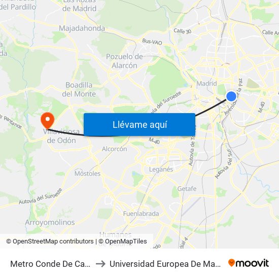 Metro Conde De Casal to Universidad Europea De Madrid map