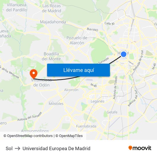 Sol to Universidad Europea De Madrid map
