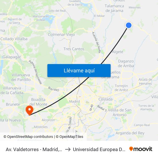 Av. Valdetorres - Madrid, El Casar to Universidad Europea De Madrid map
