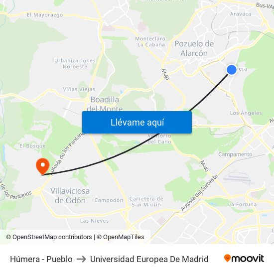 Húmera - Pueblo to Universidad Europea De Madrid map