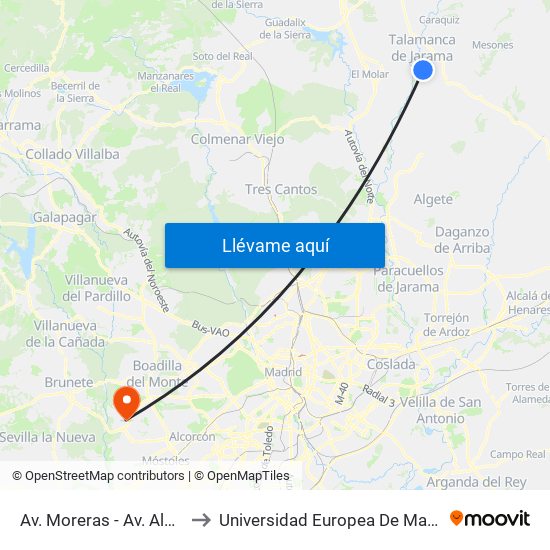 Av. Moreras - Av. Alcalá to Universidad Europea De Madrid map