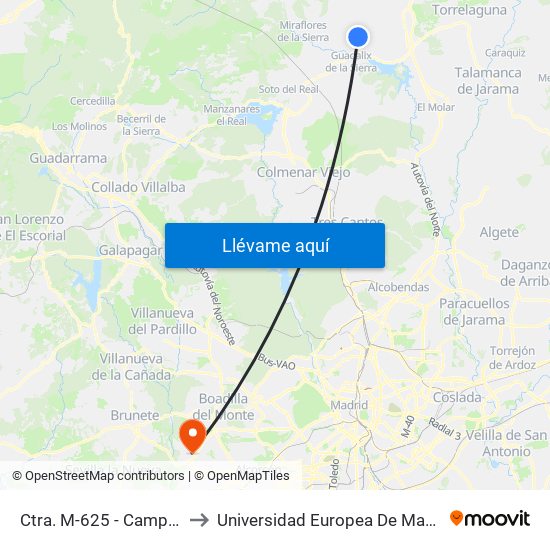 Ctra. M-625 - Camping to Universidad Europea De Madrid map