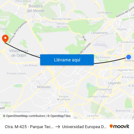 Ctra. M-425 - Parque Tecnológico to Universidad Europea De Madrid map