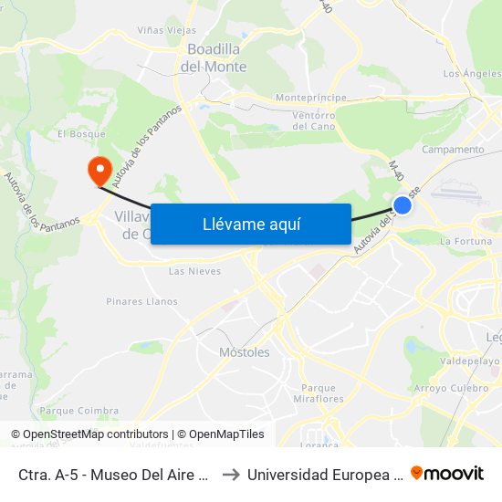 Ctra. A-5 - Museo Del Aire Y Del Espacio to Universidad Europea De Madrid map