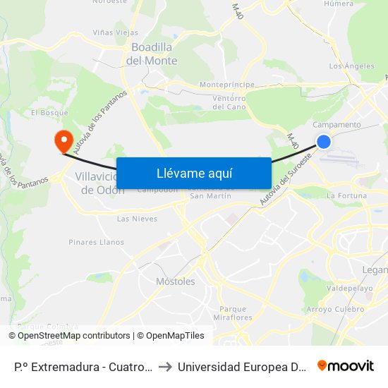 P.º Extremadura - Cuatro Vientos to Universidad Europea De Madrid map