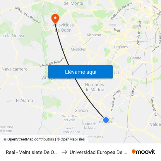 Real - Veintisiete De Octubre to Universidad Europea De Madrid map