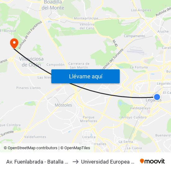 Av. Fuenlabrada - Batalla De Brunete to Universidad Europea De Madrid map