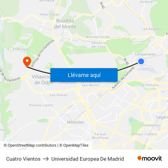 Cuatro Vientos to Universidad Europea De Madrid map