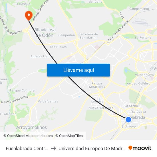 Fuenlabrada Central to Universidad Europea De Madrid map