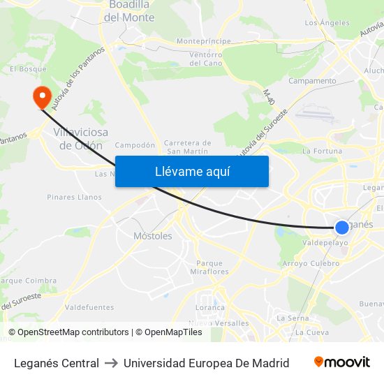 Leganés Central to Universidad Europea De Madrid map