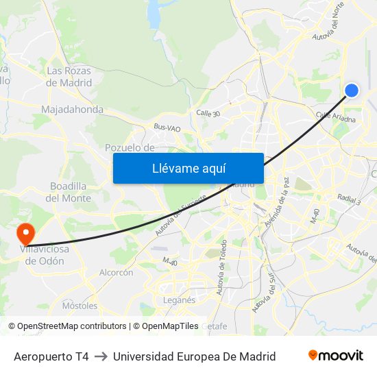 Aeropuerto T4 to Universidad Europea De Madrid map