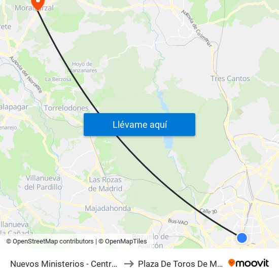 Nuevos Ministerios - Centro Comercial to Plaza De Toros De Moralzarzal map