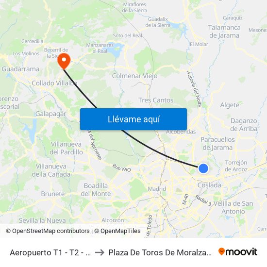 Aeropuerto T1 - T2 - T3 to Plaza De Toros De Moralzarzal map