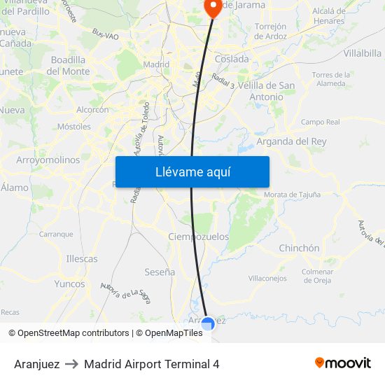 Aranjuez to Madrid Airport Terminal 4 map