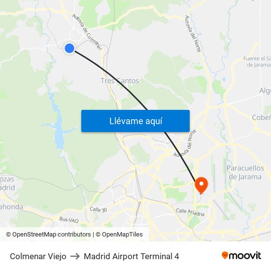 Colmenar Viejo to Madrid Airport Terminal 4 map