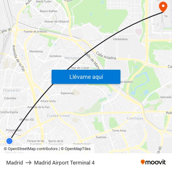 Madrid to Madrid Airport Terminal 4 map