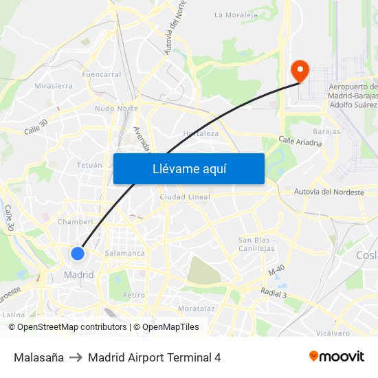 Malasaña to Madrid Airport Terminal 4 map