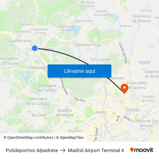 Polideportivo Alpedrete to Madrid Airport Terminal 4 map