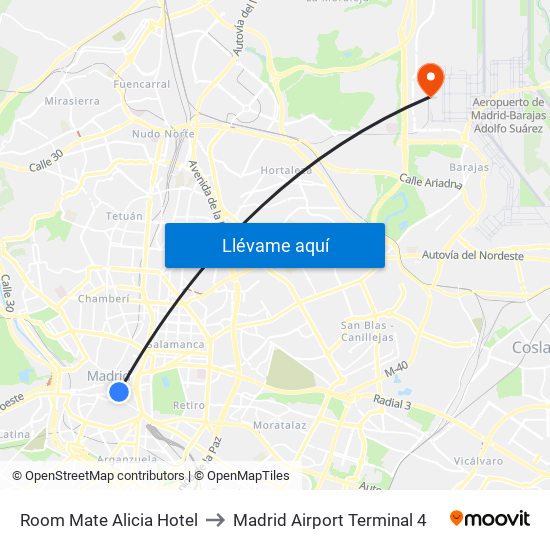 Room Mate Alicia Hotel to Madrid Airport Terminal 4 map