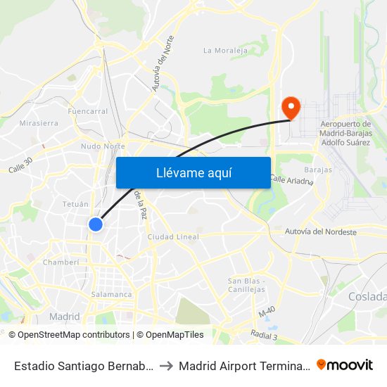 Estadio Santiago Bernabéu to Madrid Airport Terminal 4 map