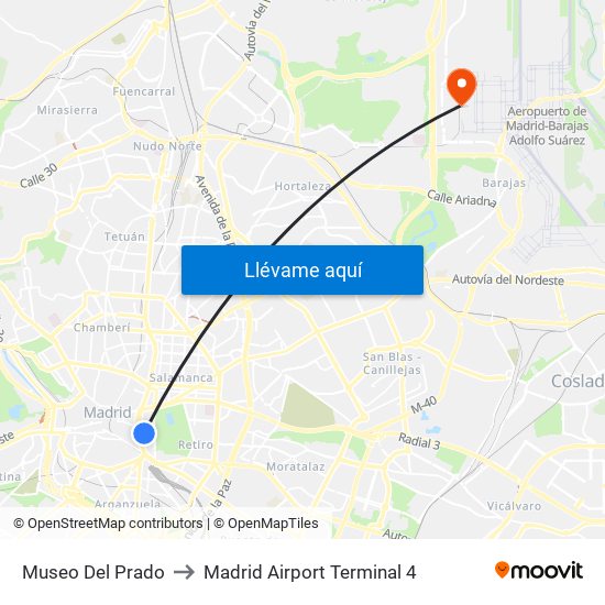Museo Del Prado to Madrid Airport Terminal 4 map