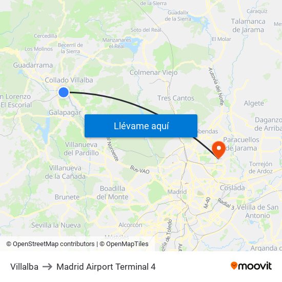 Villalba to Madrid Airport Terminal 4 map