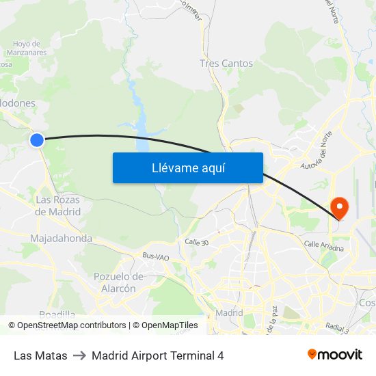 Las Matas to Madrid Airport Terminal 4 map