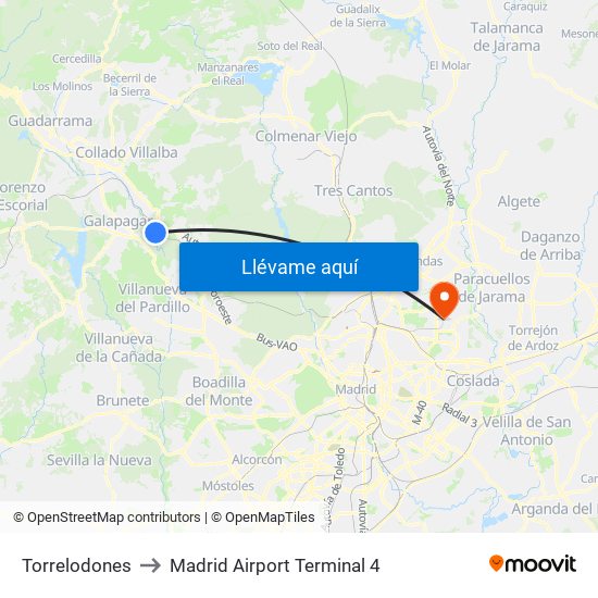 Torrelodones to Madrid Airport Terminal 4 map