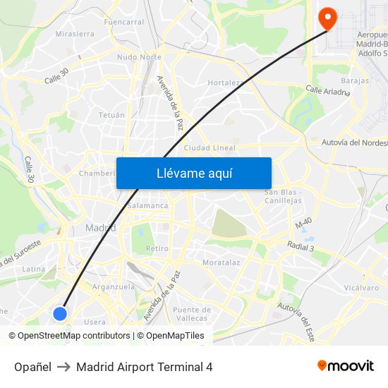 Opañel to Madrid Airport Terminal 4 map
