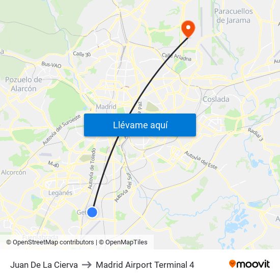Juan De La Cierva to Madrid Airport Terminal 4 map