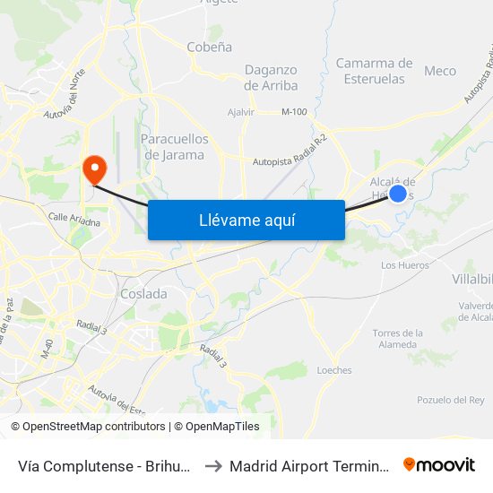 Vía Complutense - Brihuega to Madrid Airport Terminal 4 map