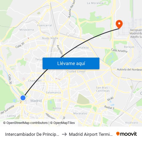 Intercambiador De Príncipe Pío to Madrid Airport Terminal 4 map