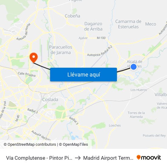 Vía Complutense - Pintor Picasso to Madrid Airport Terminal 4 map