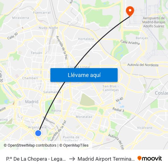 P.º De La Chopera - Legazpi to Madrid Airport Terminal 4 map