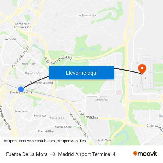 Fuente De La Mora to Madrid Airport Terminal 4 map