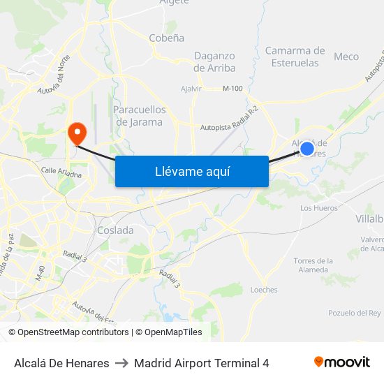 Alcalá De Henares to Madrid Airport Terminal 4 map